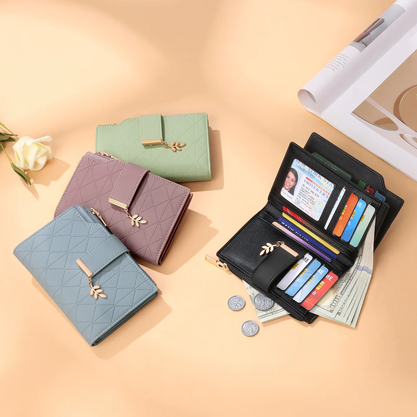 

New Women's Trifold Short Wallet RFID Blocking Leaf Pendant Leather Clutch Fashion Purse Ladies Handbag Coin Card Holder Gifts