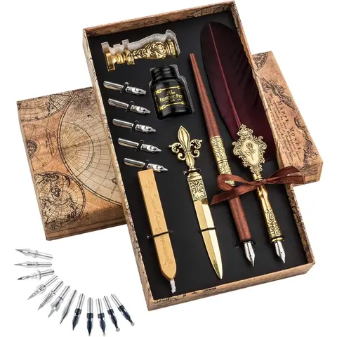 Feather Pen and Ink Set - Quill Pens Calligraphy Pen Set Fountain Dip Pen