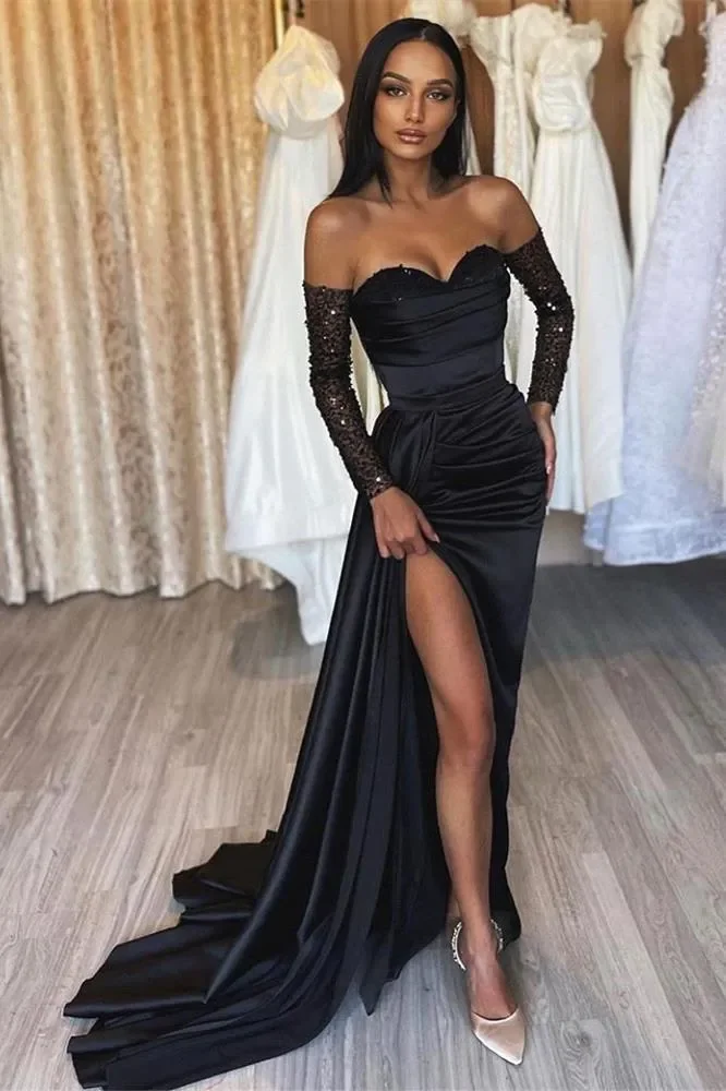 Anpassung Elegante schwarze Abendkleider mit vorderem Schlitz Arabische Frauen Sexy Schatz A-Linie rückenfreies Abendkleid Schwarze Mädchen