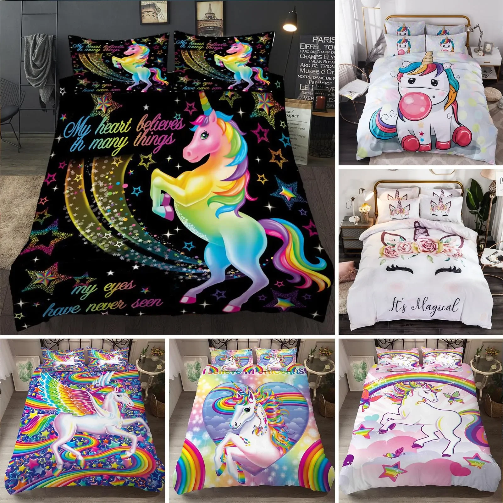 

Children Bedding Set Single Bedding and Bed Sets Home Textile Unicorn Cartoon Lovely Kids Duvet Cover Set King Queen Full Twin