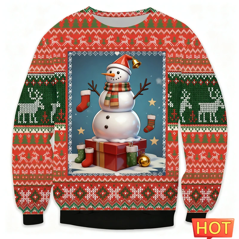 Family matching winter funny Christmas sweater 3D snowman gift socks printed round neck parents children holiday party pullover