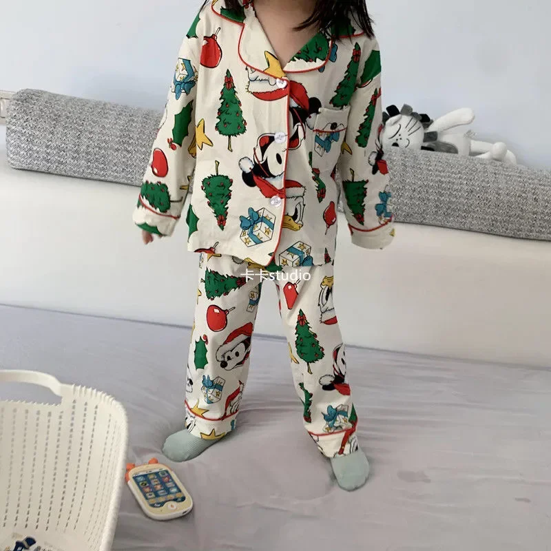 Ropa para niños, ropa de dormir, conjuntos de pijamas para bebés y niñas, traje de manga larga con dibujos de Mickey Mouse, disfraz de Navidad para niños