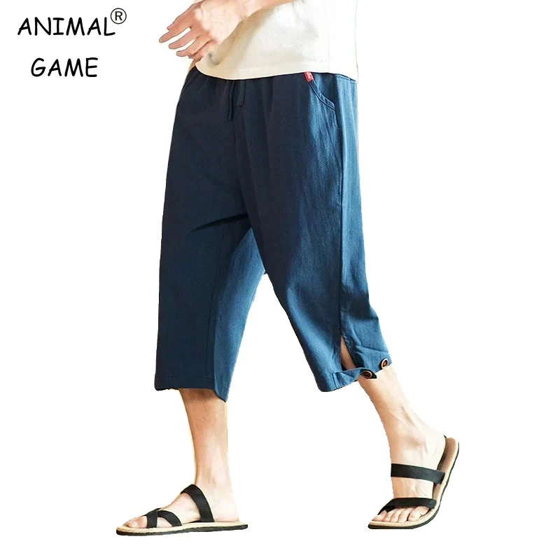 New Men's Linen Shorts Summer Loose Cotton Lightweight Button Basic Sports Sweatwear Cropped Pants