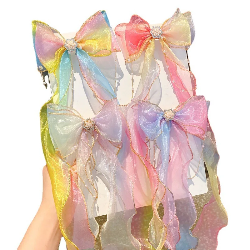 Colorful Chiffon Bow Ribbon Hair Clips Children Sweet Hairpins Girls Princess Bow Tassel Clips Summer Fashion Hair Accessories