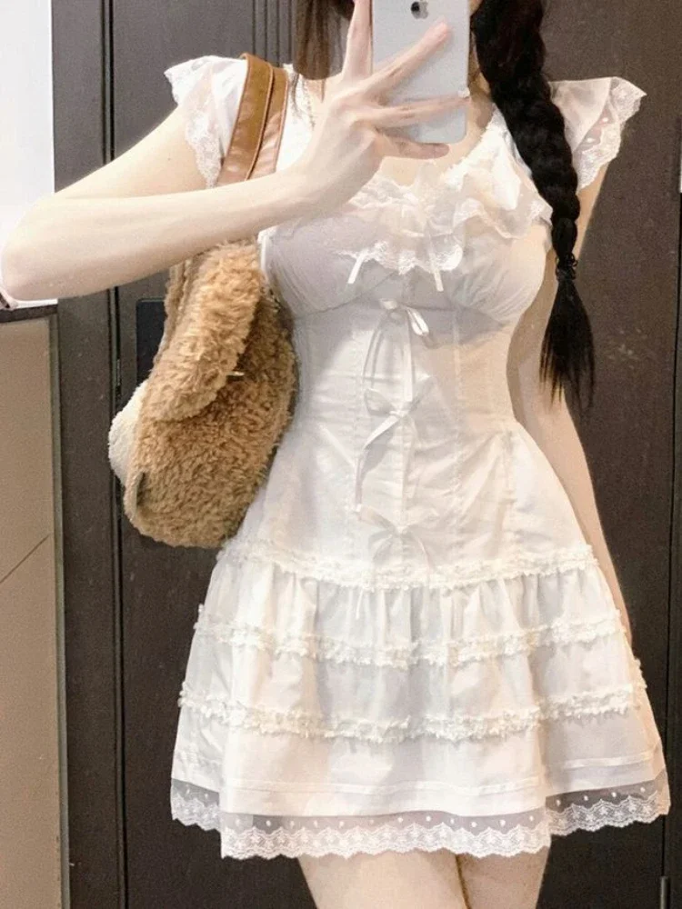 

Coquette White Lolita Sweet White Kwaii Cute Mini Dress Women Lace Bow Princess Slip Lace Short Dresses 2024 Fashion