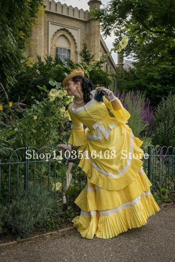 Vintage Victorian Evening Dress Lemon Yellow with Train Corset Corset Lace Ruffles Civil War Walking Vestidos De Fiesta