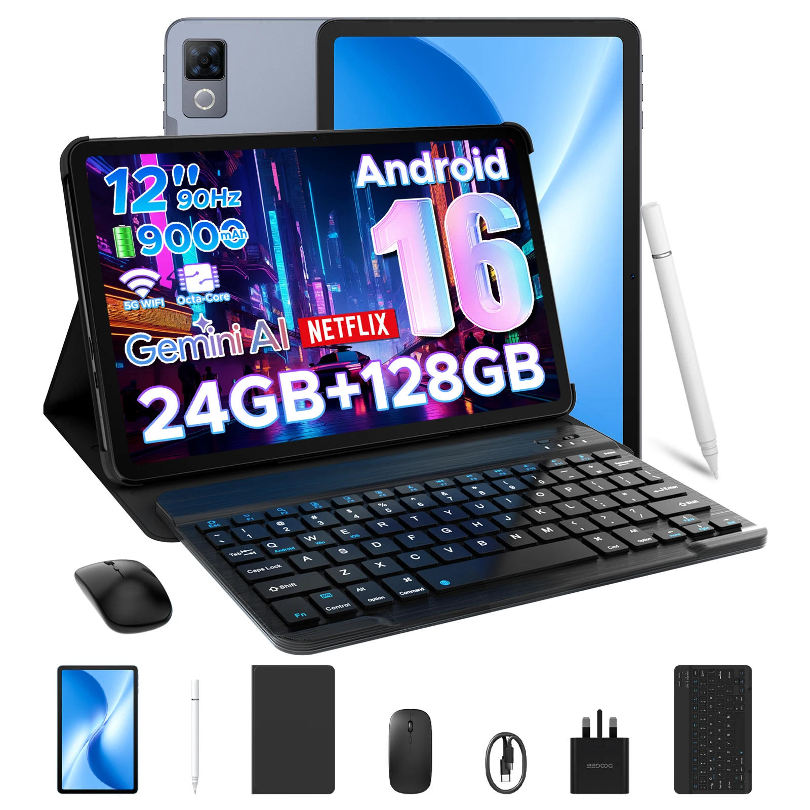 DOOGEE U12 تابلت ذكي أندرويد 16 Gemini Al 12 بوصة FHD + شاشة 6 جيجابايت 128 جيجابايت 9000 مللي أمبير بطارية مكبرات صوت مزدوجة UNISOC T7255 Widevine L1