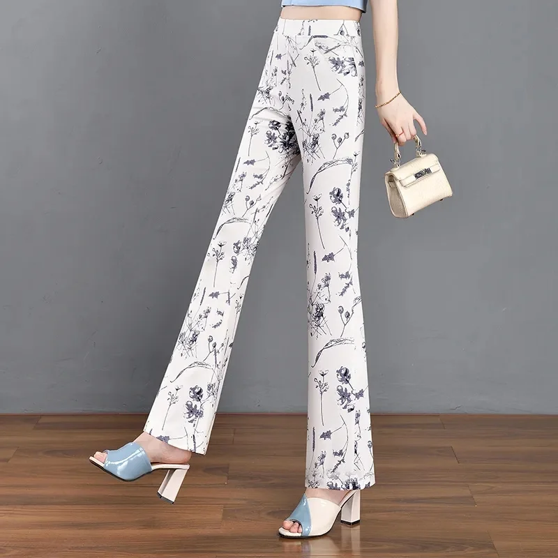 Printed Cui Hua Micro Horn Summer Elastic Waist Joker 2024 New Slim And Slim Elastic Force Trumpet Trousers Craze