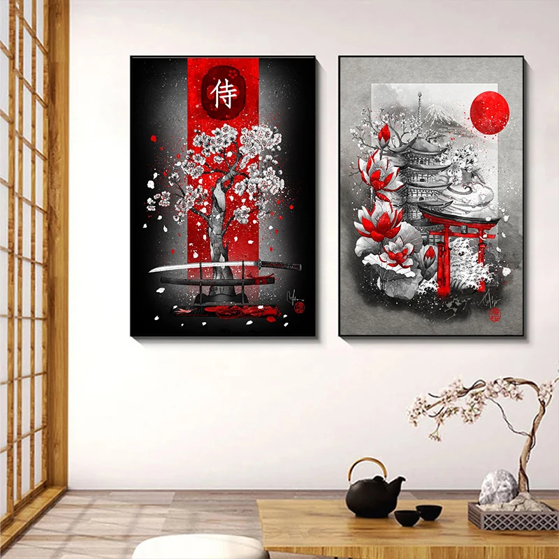 النمط الياباني المشهد قماش اللوحة المائية الحبر الجدار ملصق فني يطبع غرفة المعيشة الممر غرفة المنزل الديكور جدارية #4