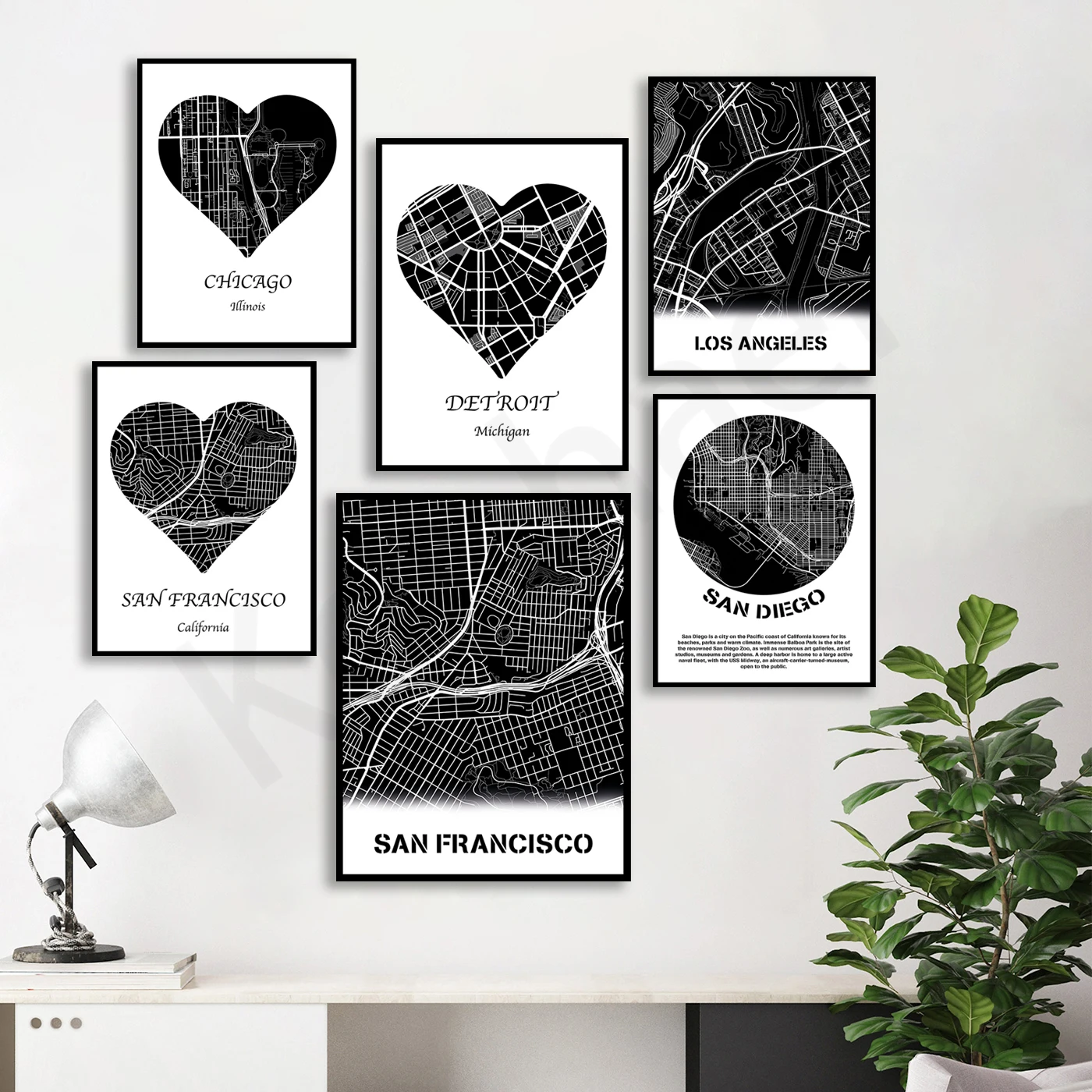 San Francisco Chicago Detroit San José Los Ángeles San Diego. Mapa de la ciudad. Póster artístico de decoración de pared para el hogar.