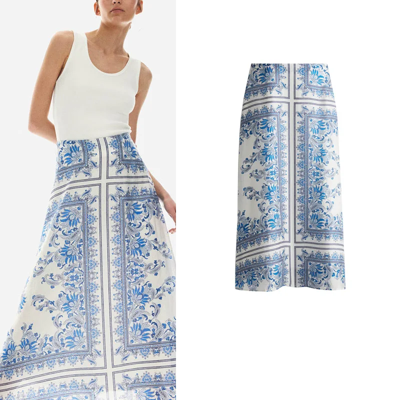 

New Women's Loose Fit Ruche Mixed High Waist Midi Skirt Spring 2025 A-Line Stand Sle Polyester Fiber 00% Floral Pattern