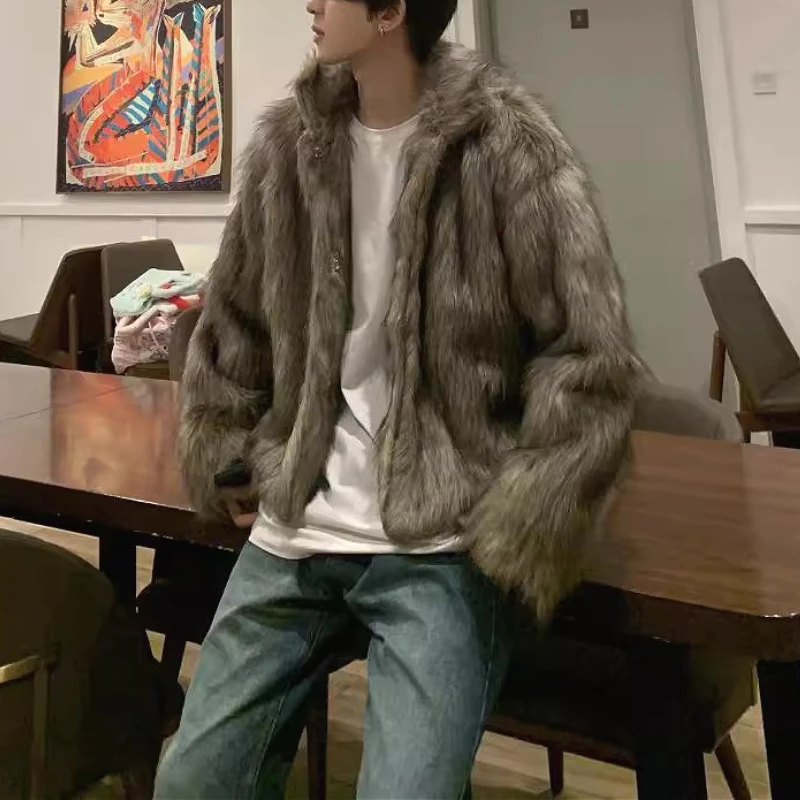 

Faux Fur Coats Men Casual Jackets Solid Plush Turn Down Collar Full Sleeves Loose Punk Single Bteasted Thick Shaggy 2025 Winter