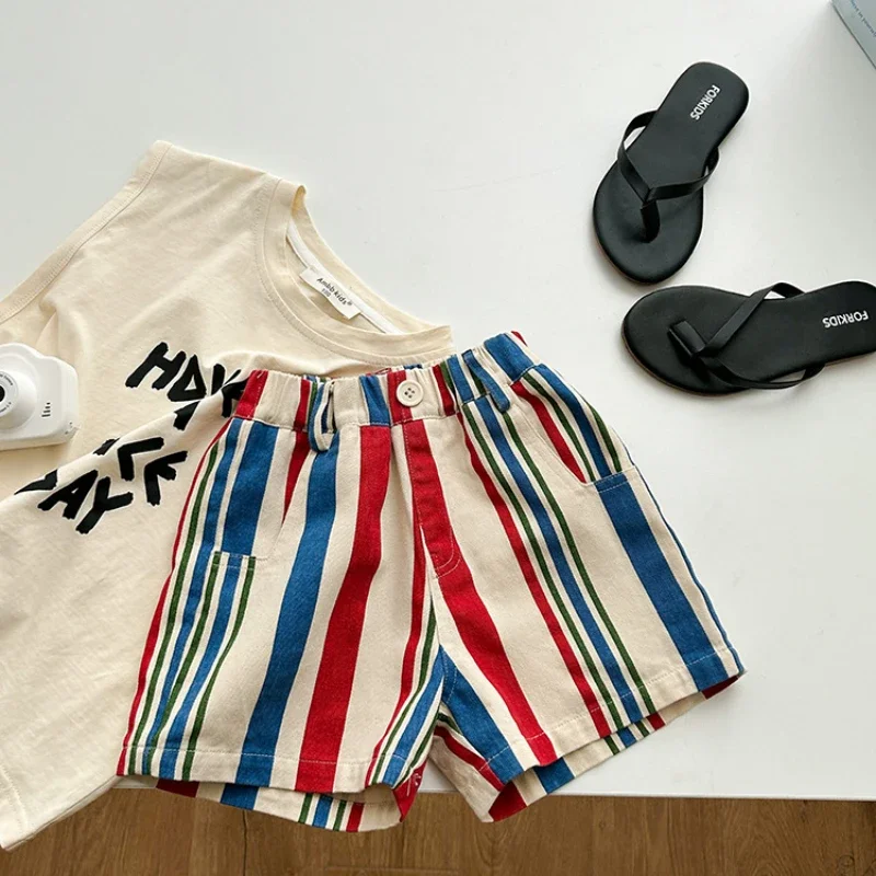 Children Clothing Boys Shorts 2024 Spring Summer Simple Style Color Striped Cotton Korean Handsome Cool Casual Boys Simple Pants