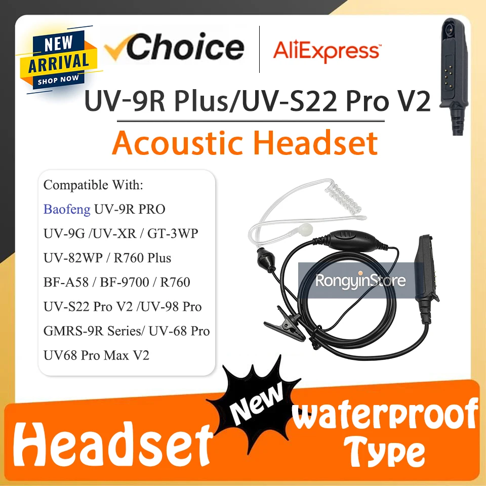 

Акустическая гарнитура BAOFENG UV-9R Plus, рация, гарнитура с воздушной трубкой, водонепроницаемые наушники с двусторонней радиосвязью, наушники UV-98/UV-S2 Pro