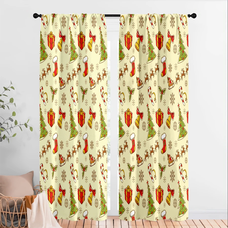2PCS Christmas Curtains, Trees Gifts Reindeer, Digital Print, Bedroom Living Room Kitchen, Rod Pocket Polyester, Home Decor