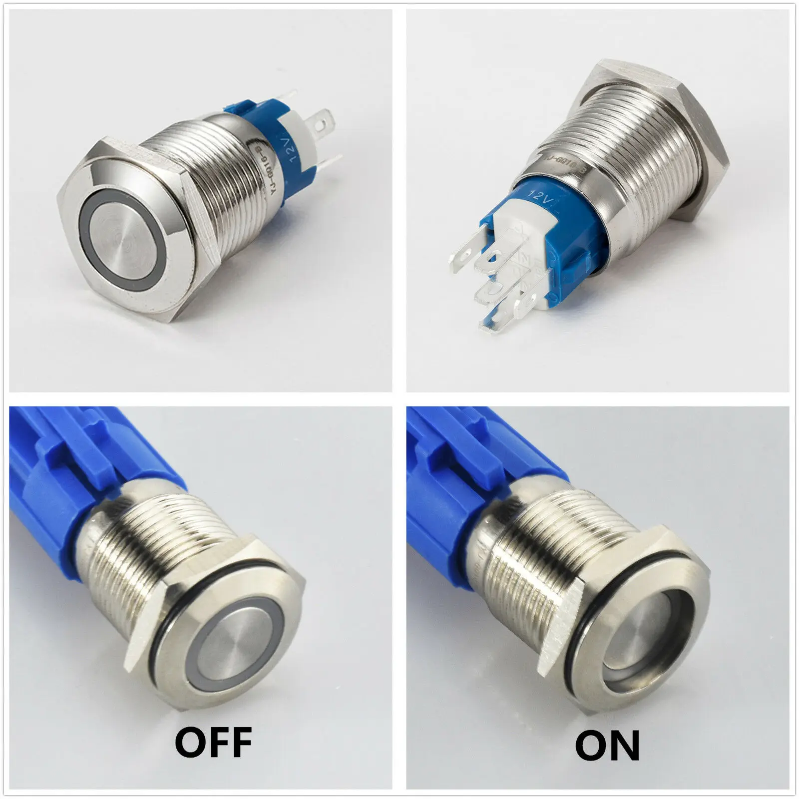 Waterproof Push Button Switch Self Locking 16mm Latching 12V DC Operation with Ring LED and 5A / 250VAC rating