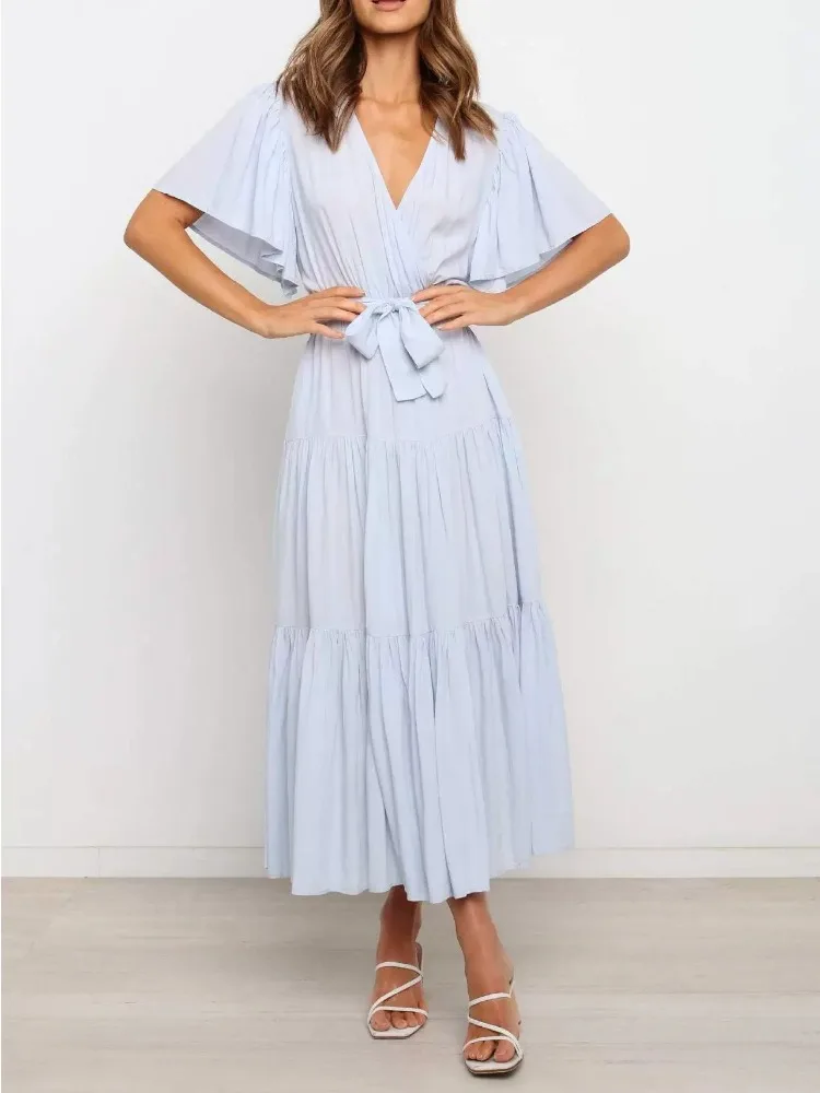 Abiti da festa eleganti con scollo a V con lacci Boho da donna Primavera Estate Nuovo abito longuette francese pieghettato solido maniche corte con orlo grande