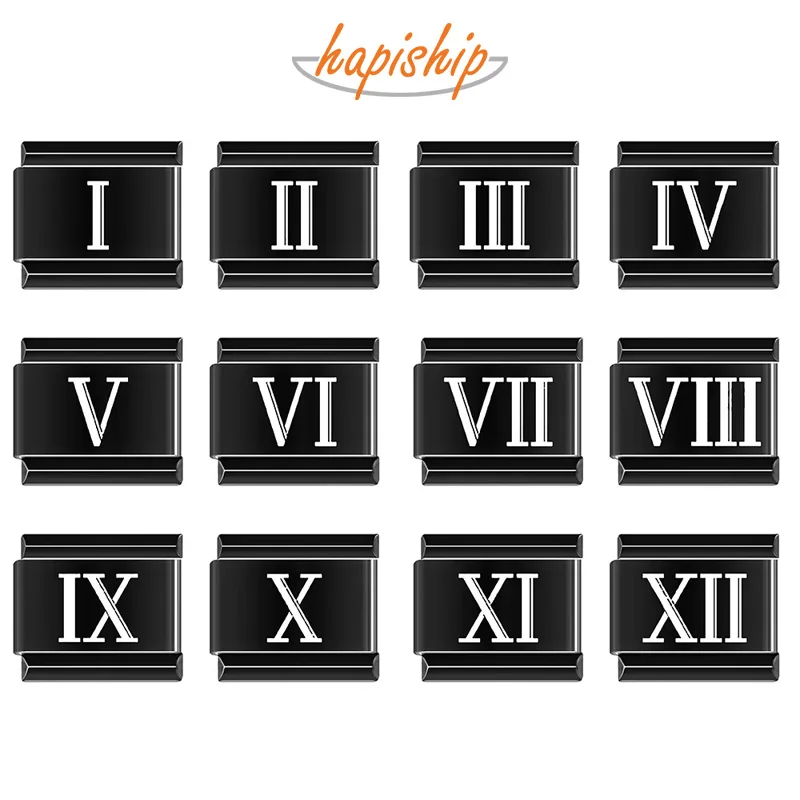 Hapiship 2022 New Fashion Black Roman Numerals Charm Italian Links Fit 9mm Bracelet Stainless Steel Jewelry DIY Making DJ564