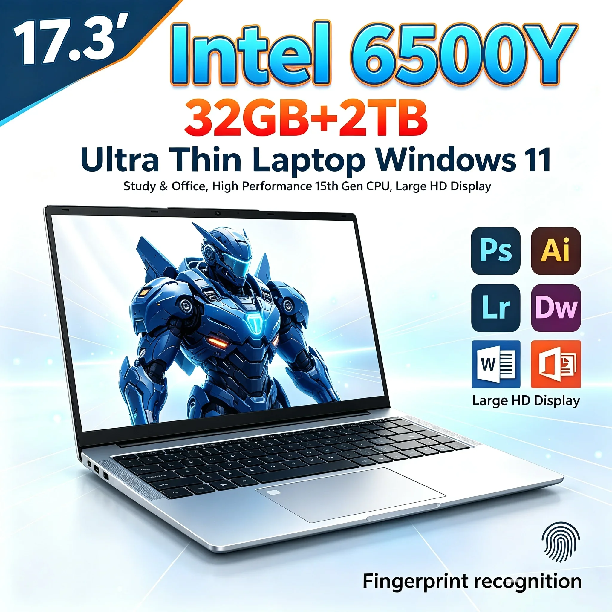 17.3 Inch Large HD Screen Notebook Intel 6500Y 32GB RAM 1TB/2TB SSD Win11 WiFi6 BT5.2 Portable Laptop For Household & Office Job