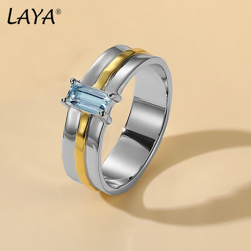 

LAYA Pure 925 Sterling Silver Ring For Women Sparkling Natural Sky Blue Topaz Minimalist Gold Line Charming Original Jewelry