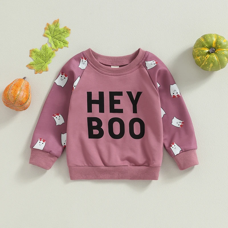 

Toddler Girls Sweatshirts Halloween Clothes Letter Ghost Print Crew Neck Patchwork Long Sleeve Kids Pullovers Fall Tops