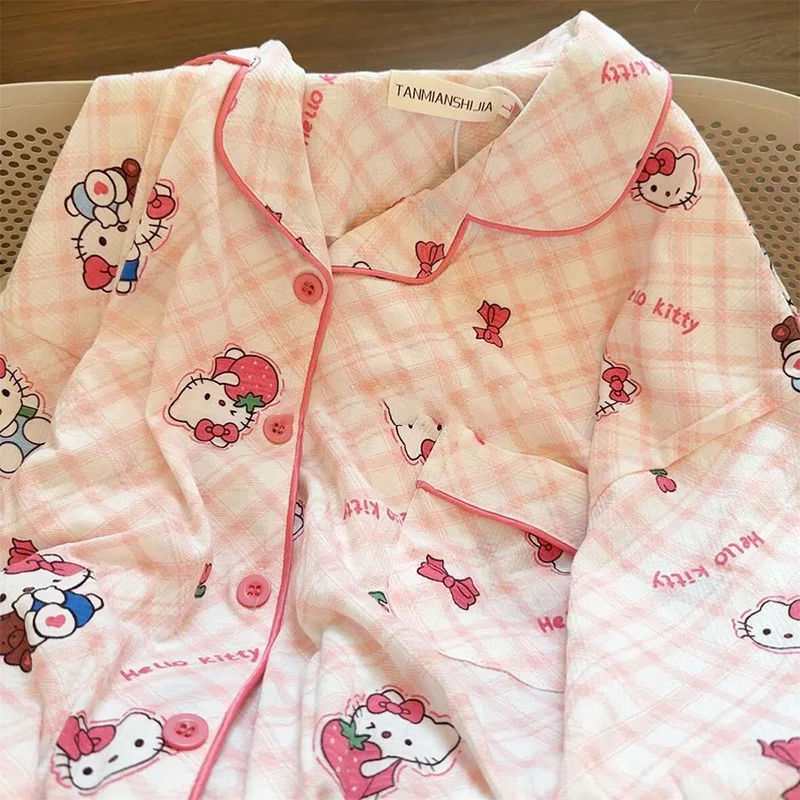 Cartoon Hello Kitty Long Sleeved Pajamas Cute Japan Sweet KT Cat Grid Long Sleeved Pants Student Home Pajamas Suit Kawaii Anime