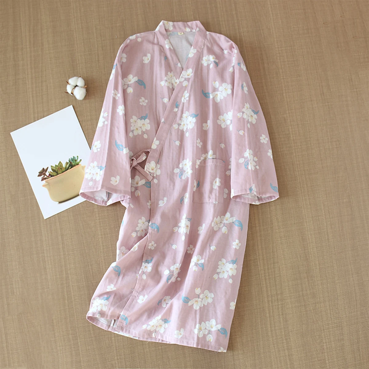 Japanese kimono women\'s bathrobe long sleeved nightgown summer and autumn cute sweat steaming hot spring pure cotton pajamas