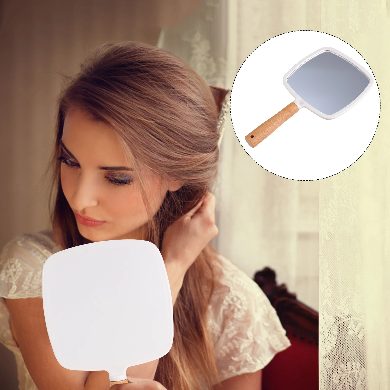 مرآة مكياج بمقبض خشبي مريح على شكل مربع، محمولة وخفيفة الوزن وعالية الوضوح، تصميم عملي ورائع للنساء