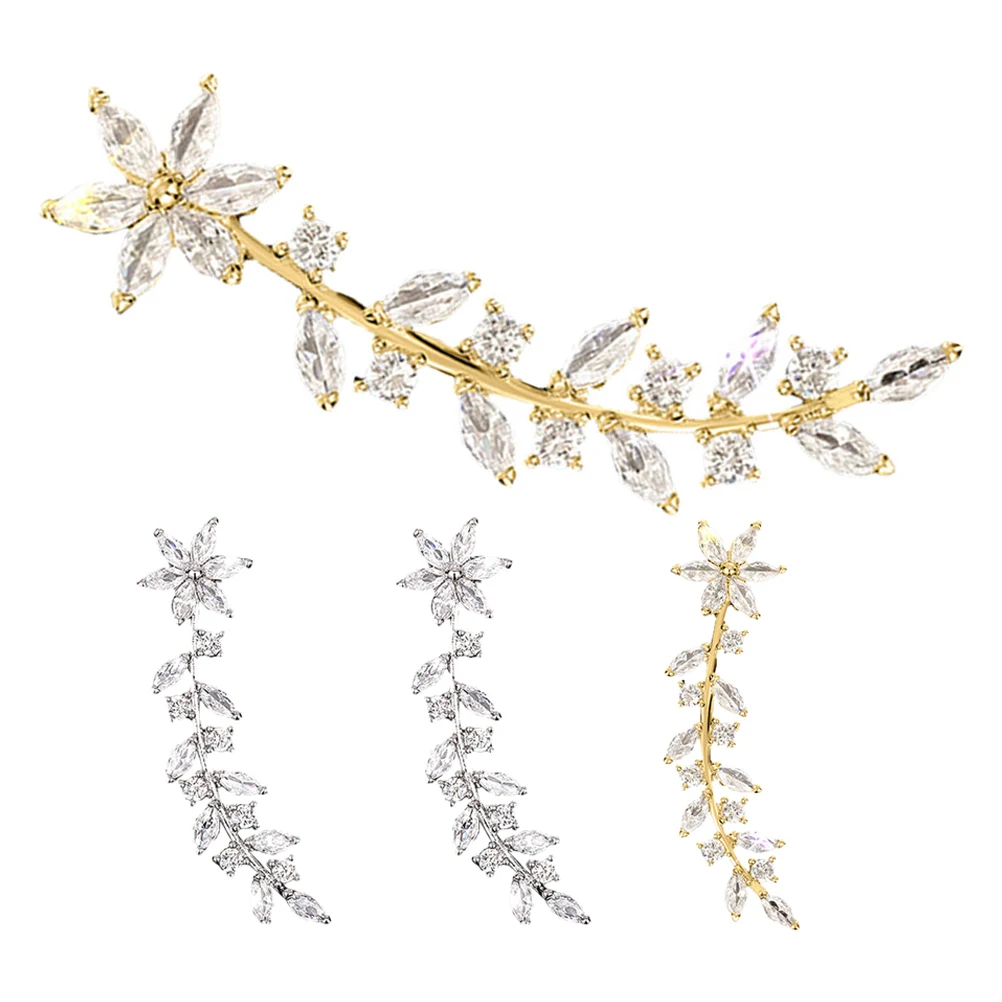

Flower Statement Rhinestone Ear Climber Earrings Bridal Jewelry For Wedding Day Sparkling Fashion Leaf Studs Set Dazzling