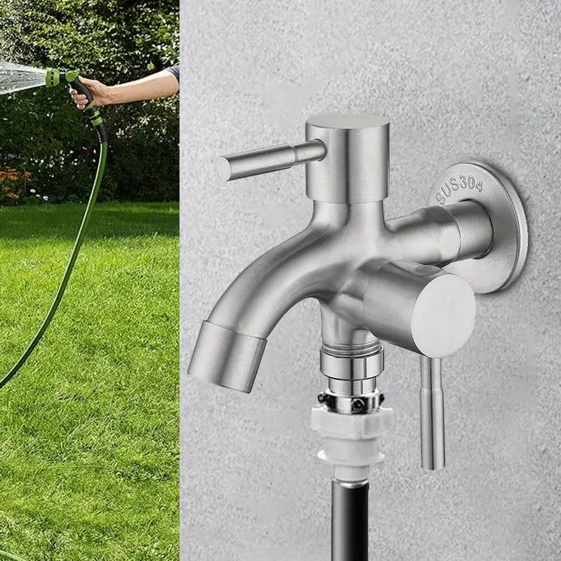 Double Garden Tap Stainless Steel Outdoor Garden Tap Water Faucet Sturdy 2 Way Garden Faucet Water Hose Outlet For Water Lines