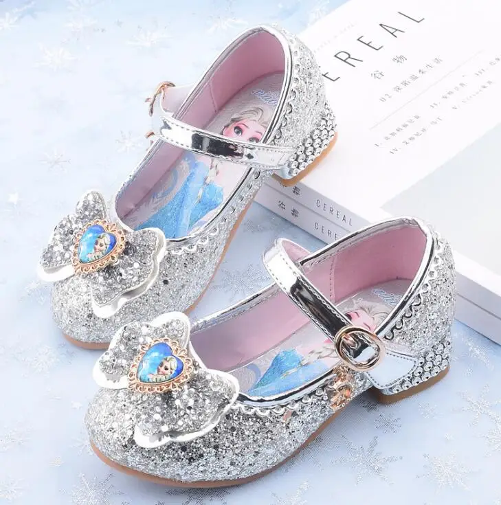 Disney cartoon girls casual shoes children\'s high-heeled shoes elsa princess frozen cartoon bowknot leather crystal party shoes