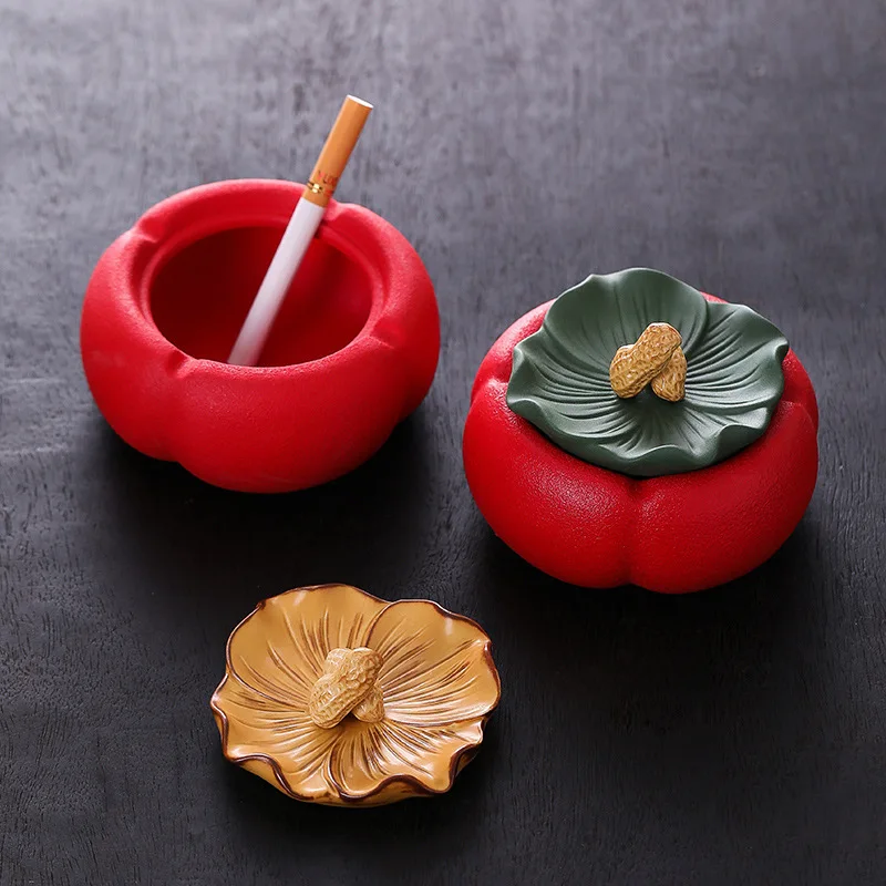 

Persimmon Ashtray Ceramic Light Luxury Good Persimmon Peanut Personality Ashtray with Lid Windproof and Anti Flying Home Decor