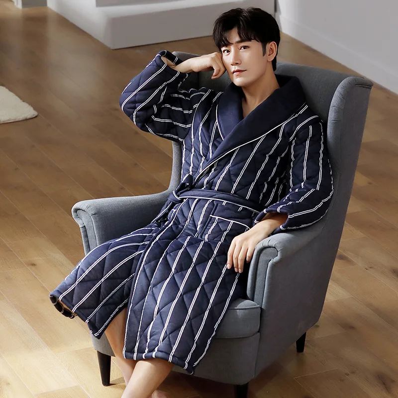 New Winter Thickened Warm Sleepwear Nightwear Cotton-Padded Robe Bathrobe Gown Loose Print Stripes Kimono Home Wear Loungewear