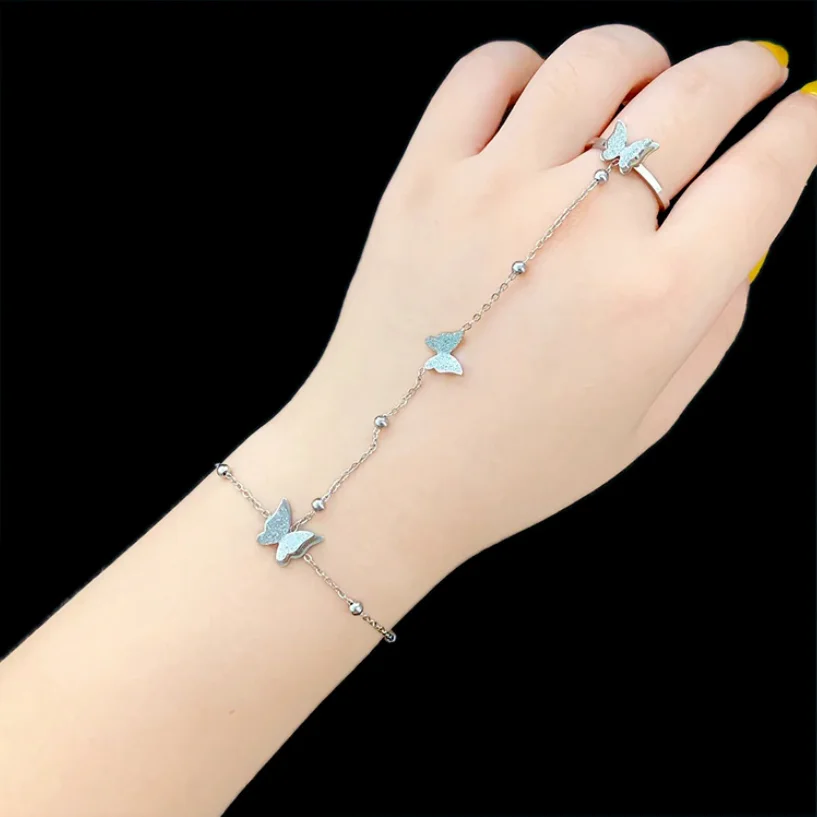 316L Stainless Steel New Fashion Upscale Jewelry Beaded Scrub Butterfly Charm Bracelets Back Chain Ring All In One For Women