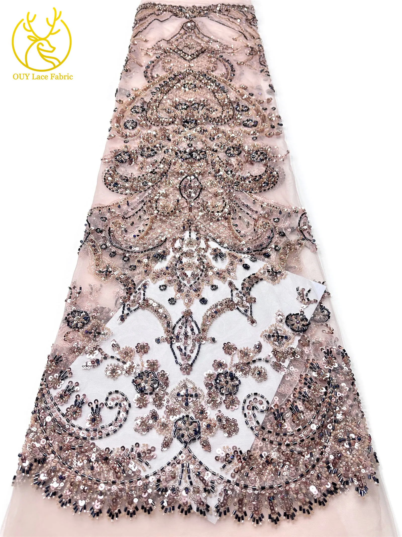 Pfirsichfarbener, hochwertiger, eleganter afrikanischer Brautkleidstoff mit Stickerei und Perlen, 2026 Nigerianische Pailletten-Spitze für Abendkleider und Hochzeitskleider zum Nähen – Detail 12