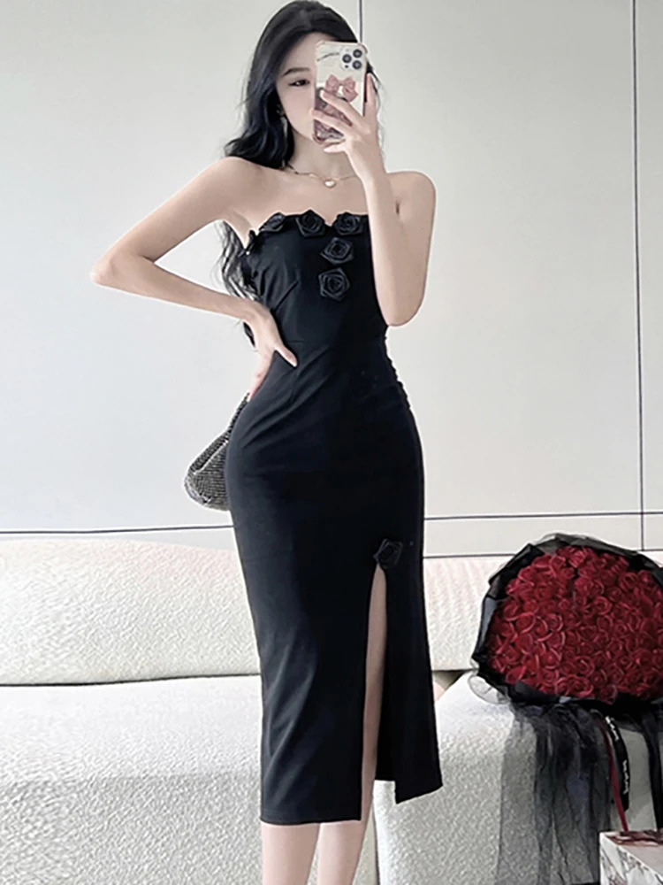 

Black Korean Vintage Hepburn Midi Dress for Women Summer Chic Appliques Chest Wrapping Dress 2023 Elegant Luxury Sexy Club Dress