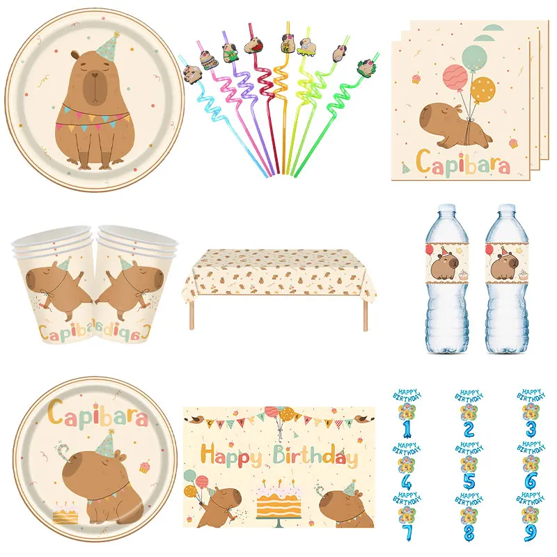 Capybara – décoration de fête d'anniversaire, ballons à thème, ensemble de vaisselle, tasses, assiettes, pailles, fournitures de joyeux anniversaire, cadeaux pour filles