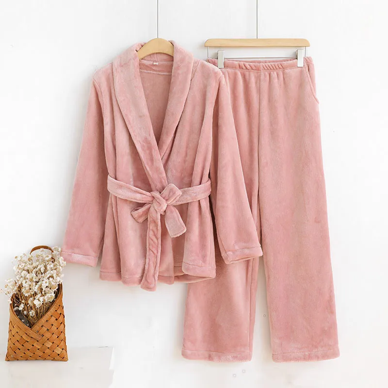 

Korean style Winter Autumn Casual Flannel Warm Pajamas Women Robes Pants Solid Pocket Long Sleeve Thick Home Wear