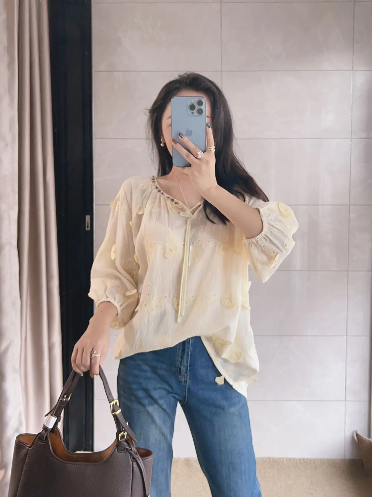 

Romantic Embroidered Short Sleeve V-Neck Shirt Light Yellow Cotton French Style Loose Fit Breathable Women's Shirt