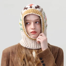 European and American Popular Handmade Balaclava Hats Women Winter Warm Ear Protection Retro Versatile Knitted Beanies Cap