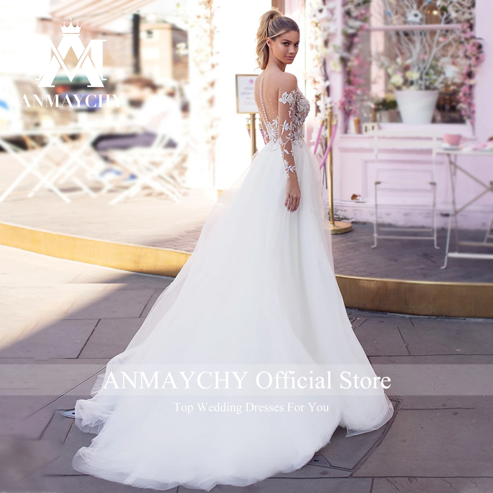 ANMAYCHY A-Line Wedding Dresses For Women 2023 Long sleeve Sweetheart Appliques Pearls Real Show Wedding Gown Vestido De Novia