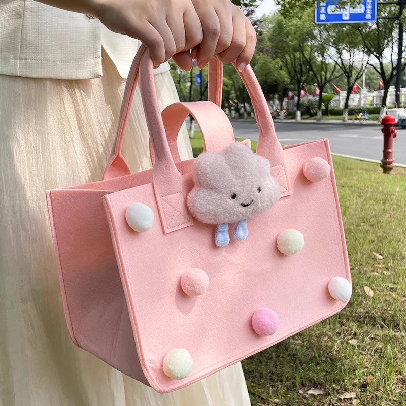 Cartoon Felt Messenger Bag With Doll For Women Casual Solid Color Large Capacity Handbag Females Shopping Bags Tote Handle Bag