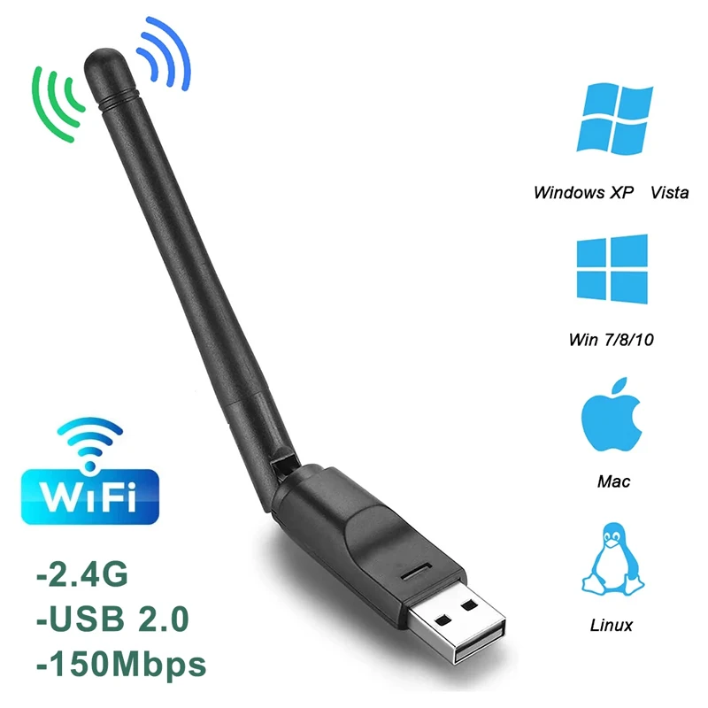 150Mbps Mini USB WiFi Adapter Wireless Network Card LAN RTL8188 Wi-Fi Receiver Dongle 2dB Antenna 2.4Ghz for Laptops PC Windows