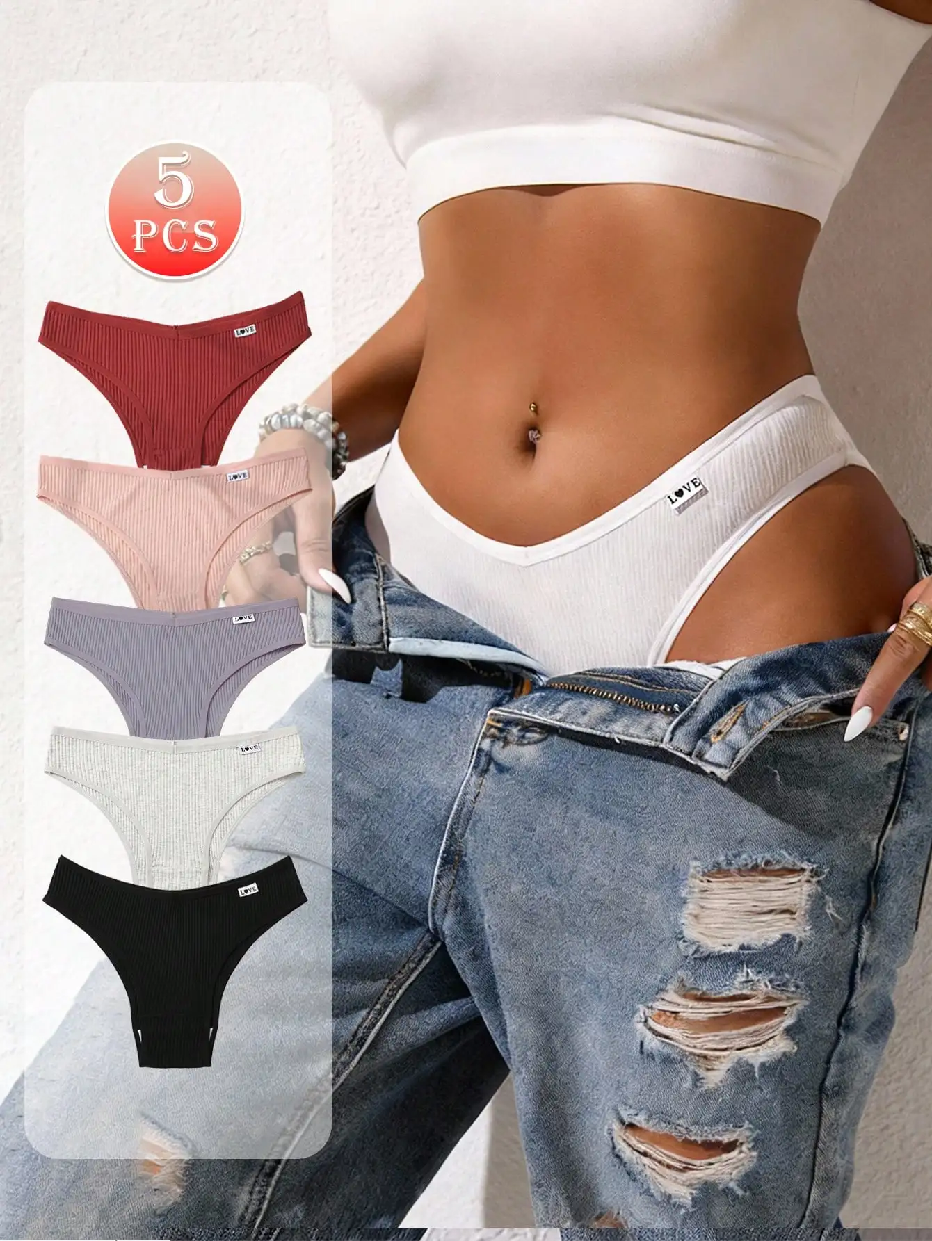 Image of 5 Stück/Packung Damen-Slips mit niedrigem Bund, niedriger Taille, niedlichem Aufdruck und Buchstaben-Design, hochelastisch