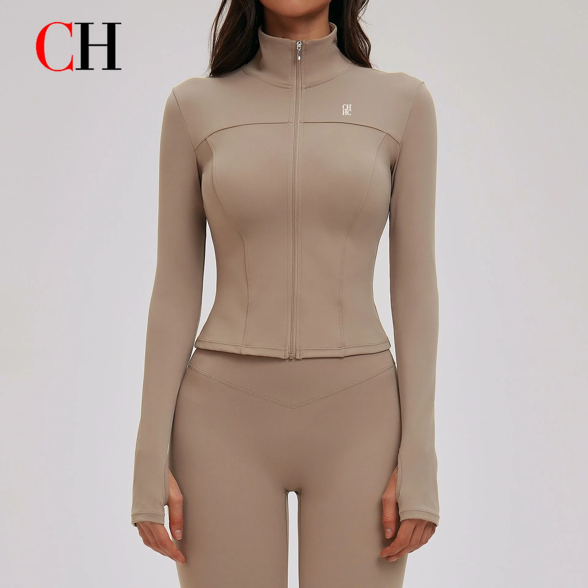 CH Brushed Fleece Yoga Jacket Stand Collar Long Sleeve Zip-up Slim Fit Top Outdoor Sports Running Fitness Jacket