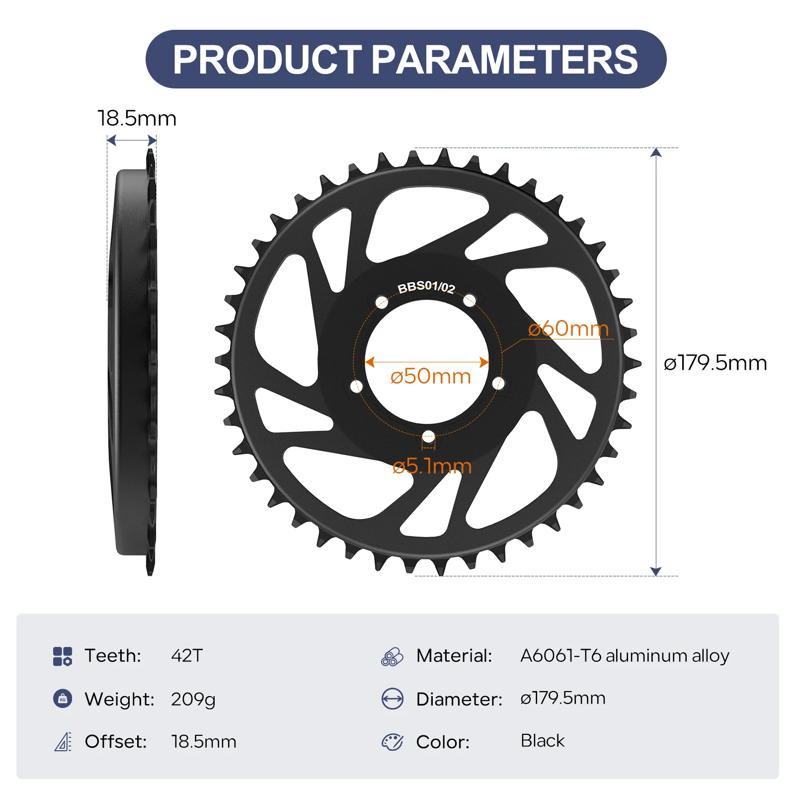 Bicycle Chainring 42T Aluminum Alloy Chainwheel 18.5mm Offset eBike Chain Ring For BAFANG BBS01 BBS02 BBS01B BBS02B Motor Parts