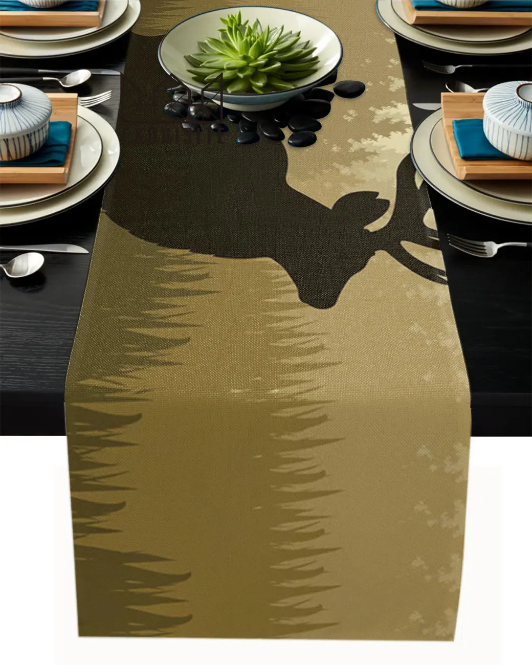 Deer Silhouette Woods Sunlight Art Nature Horns Table Runner Decoration Home Decor Dinner Table Decoration Table Runners Tassel