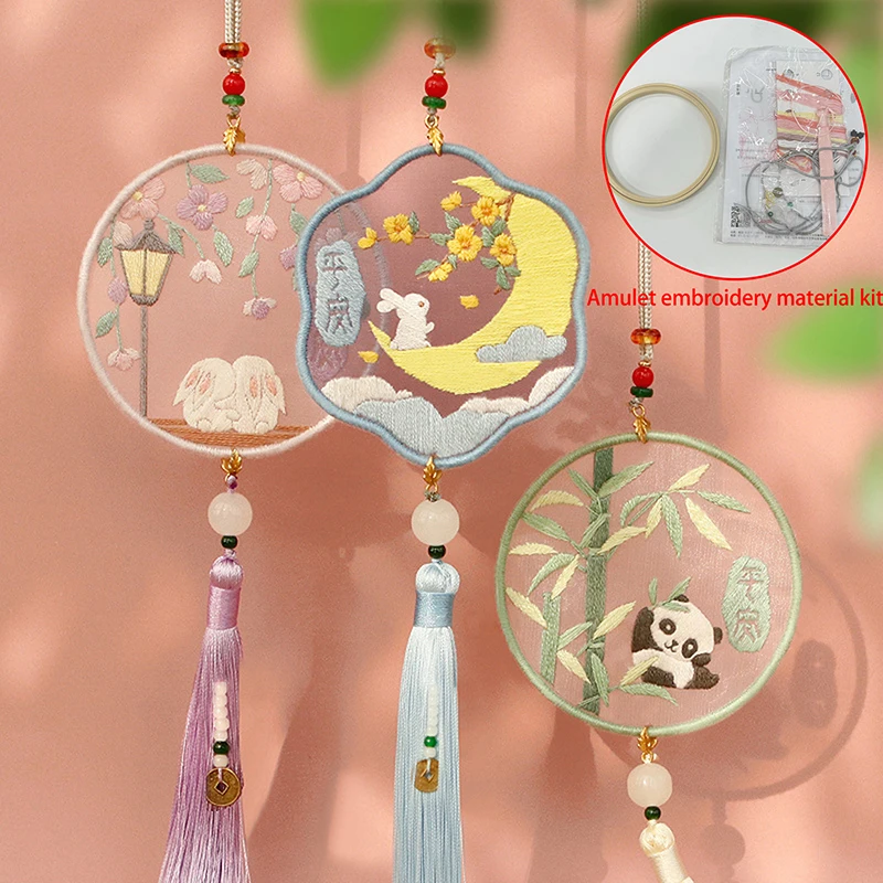 Handmade Embroidered Amulet DIY Needlework Easy Embroidery Kit Sewing Cloth Material Pendant Needlepoint For Beginner