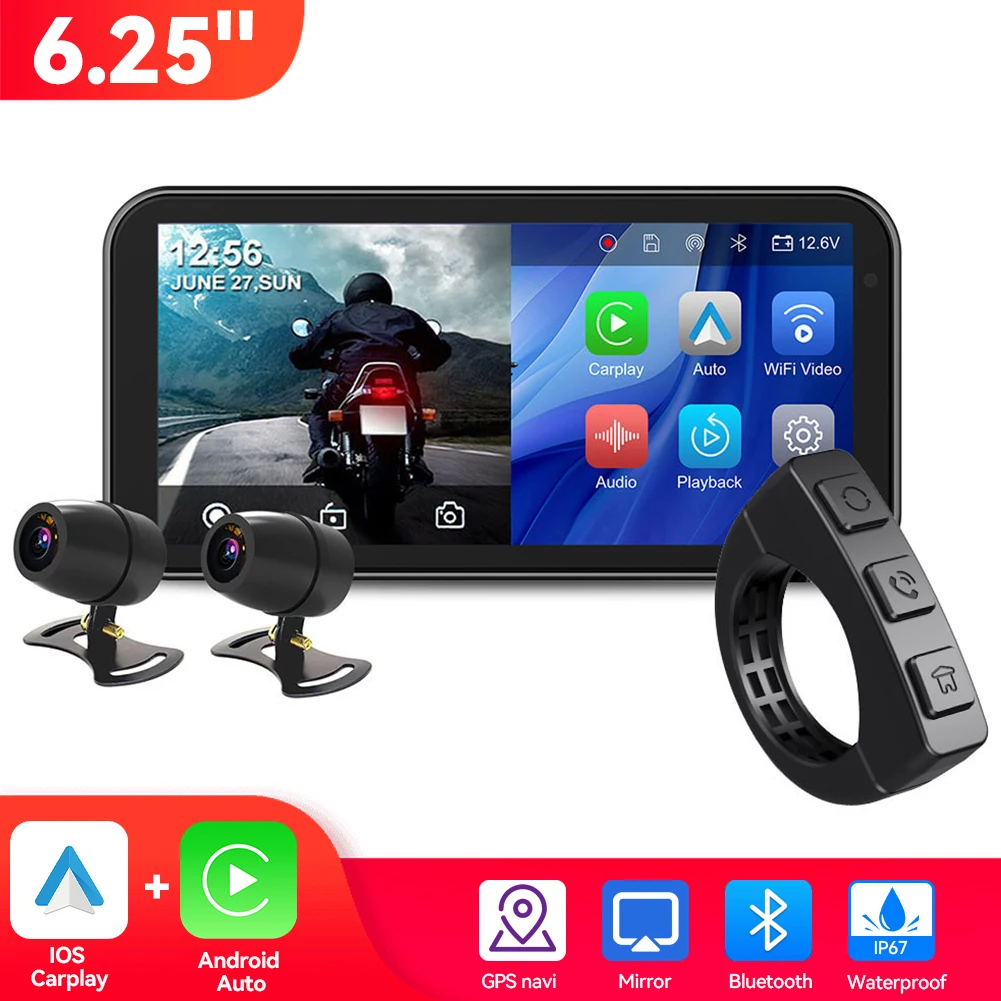 

Portable 6.25 inch IP67 Waterproof Motorcycle GPS Navigation Wireless Carplay Android Auto DVR Drive Recorder Moto Monitor WIFI