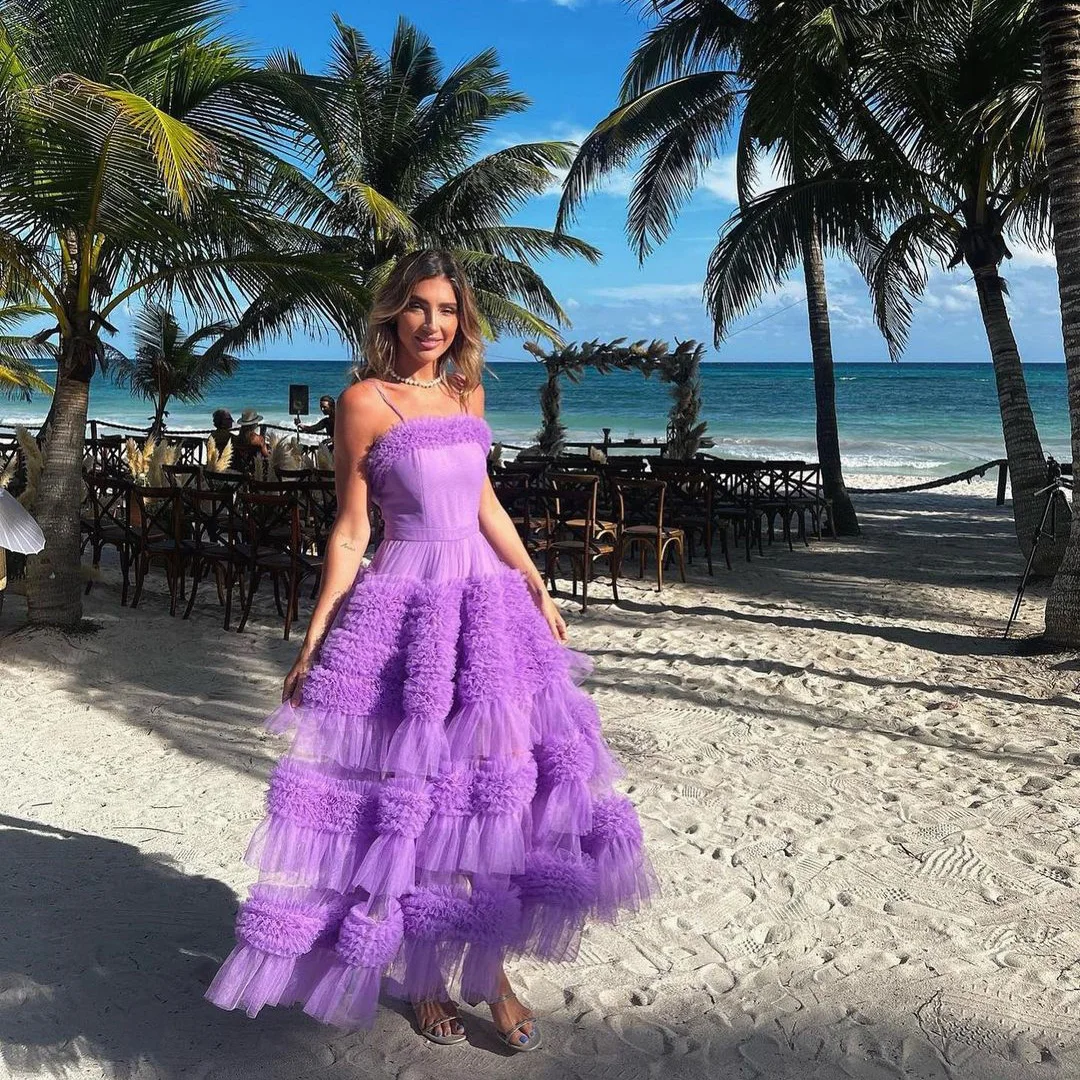 

Pretty Lavender Ruffles Prom Dresses Ankle Length Tulle A-Line Party Dress Beach Holiday Summer Gowns Vestidos De Fiesta